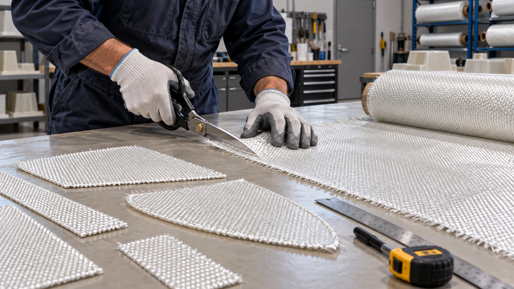Technician preparing woven fiberglass material for small-part manufacturing